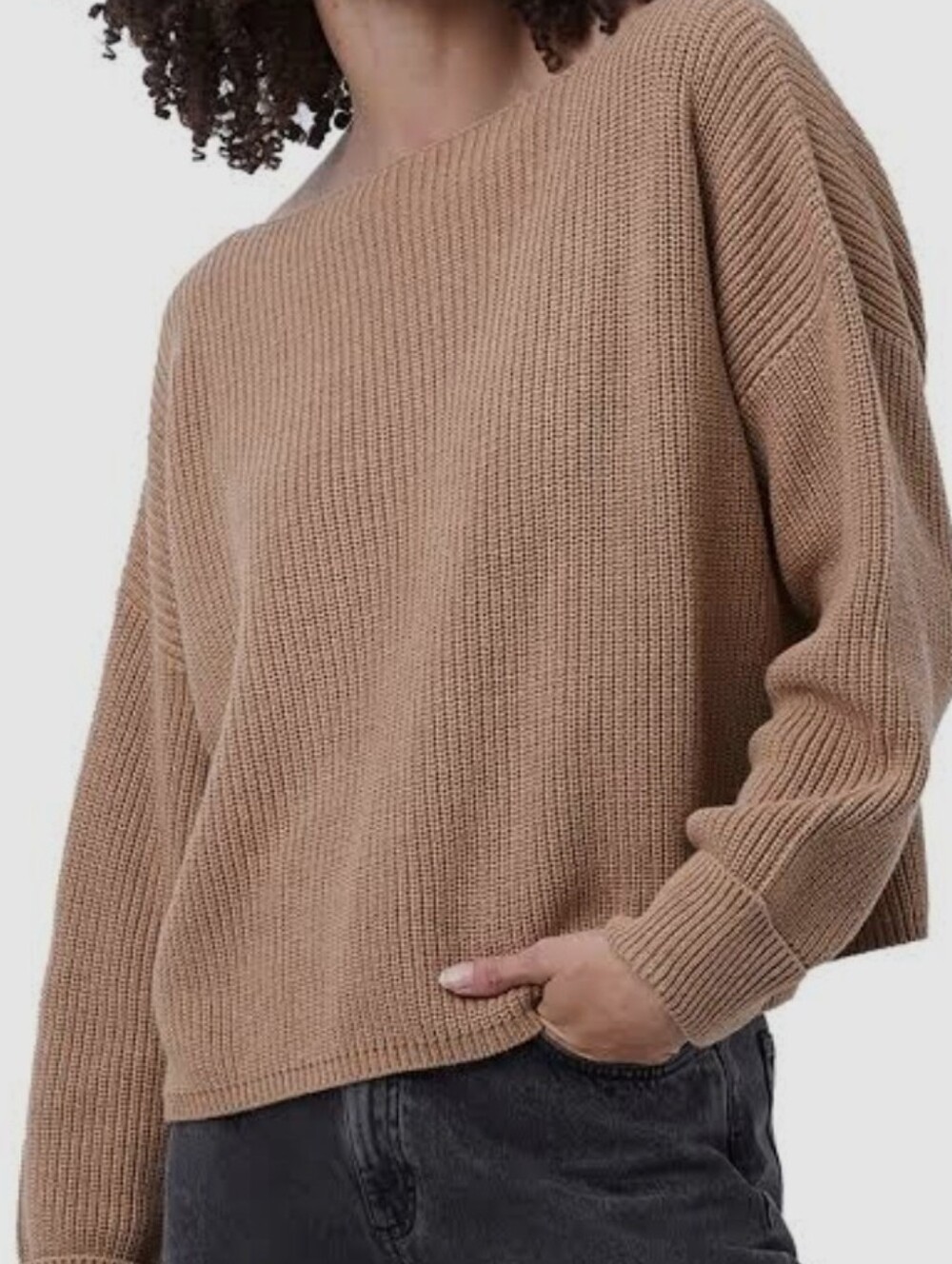 French Connection Millie Motzart Ribbed Boatneck Sweater Roll Cuffs Camel Sz M
